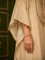 Champagne 3 Piece Kurta Set with Tonal Gold Embroidery in Tissue