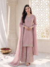 Pink Kurta Set with Silver & Pearl Floral Embroidery Dupatta in Chinnon