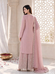 Pink Kurta Set with Silver & Pearl Floral Embroidery Dupatta in Chinnon