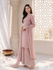 Pink Kurta Set with Silver & Pearl Floral Embroidery Dupatta in Chinnon