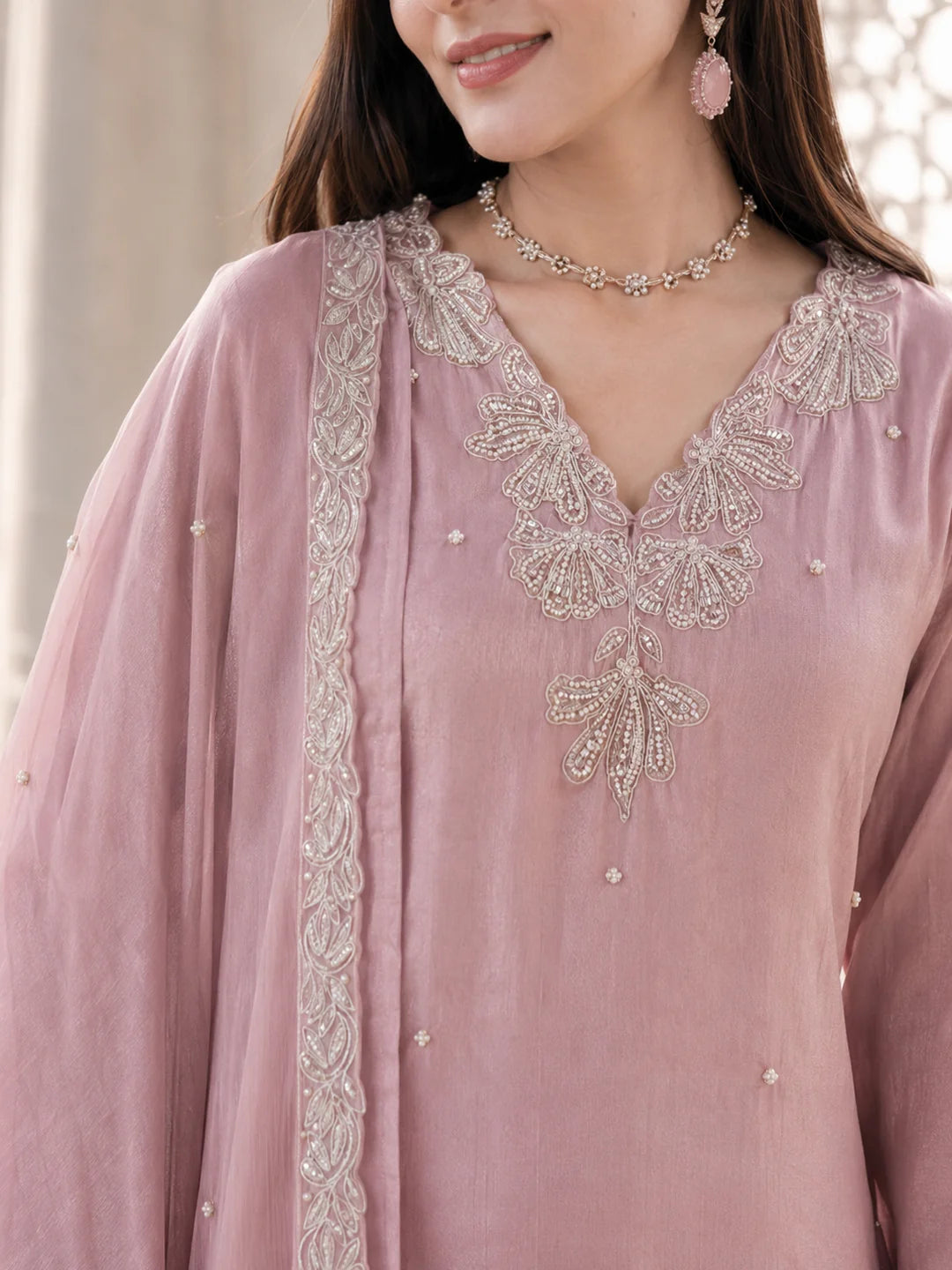 Pink Kurta Set with Silver & Pearl Floral Embroidery Dupatta in Chinnon