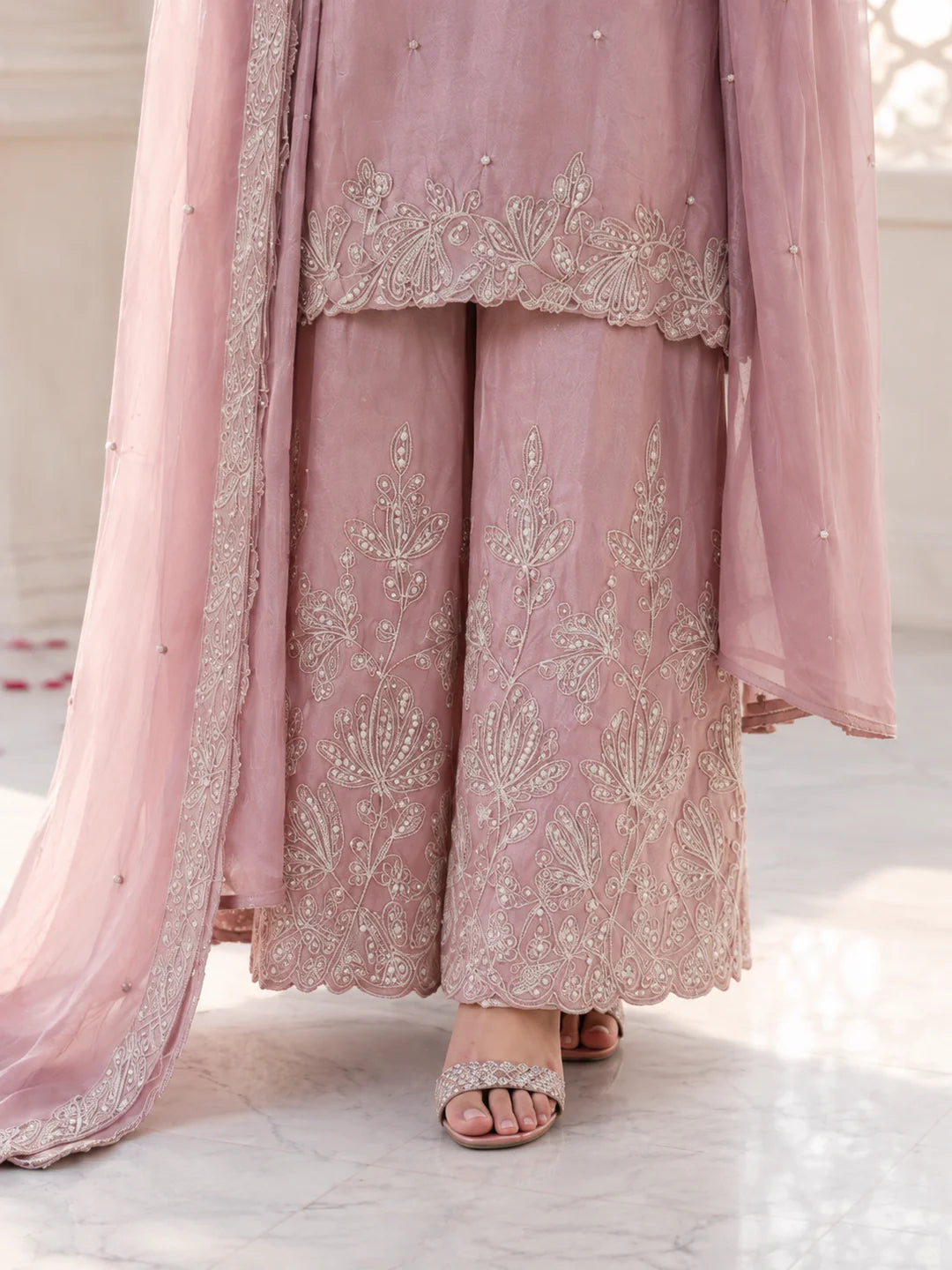 Pink Kurta Set with Silver & Pearl Floral Embroidery Dupatta in Chinnon