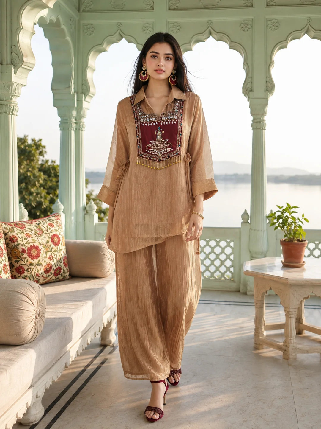 Dusty Rose Shimmer 3 Piece Co-ord Set with Embroidered Yoke in Crushed Tissue