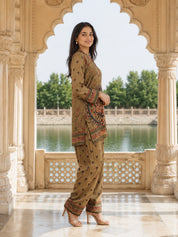 Olive Khaki Embroidered Co-ord Set in Muslin