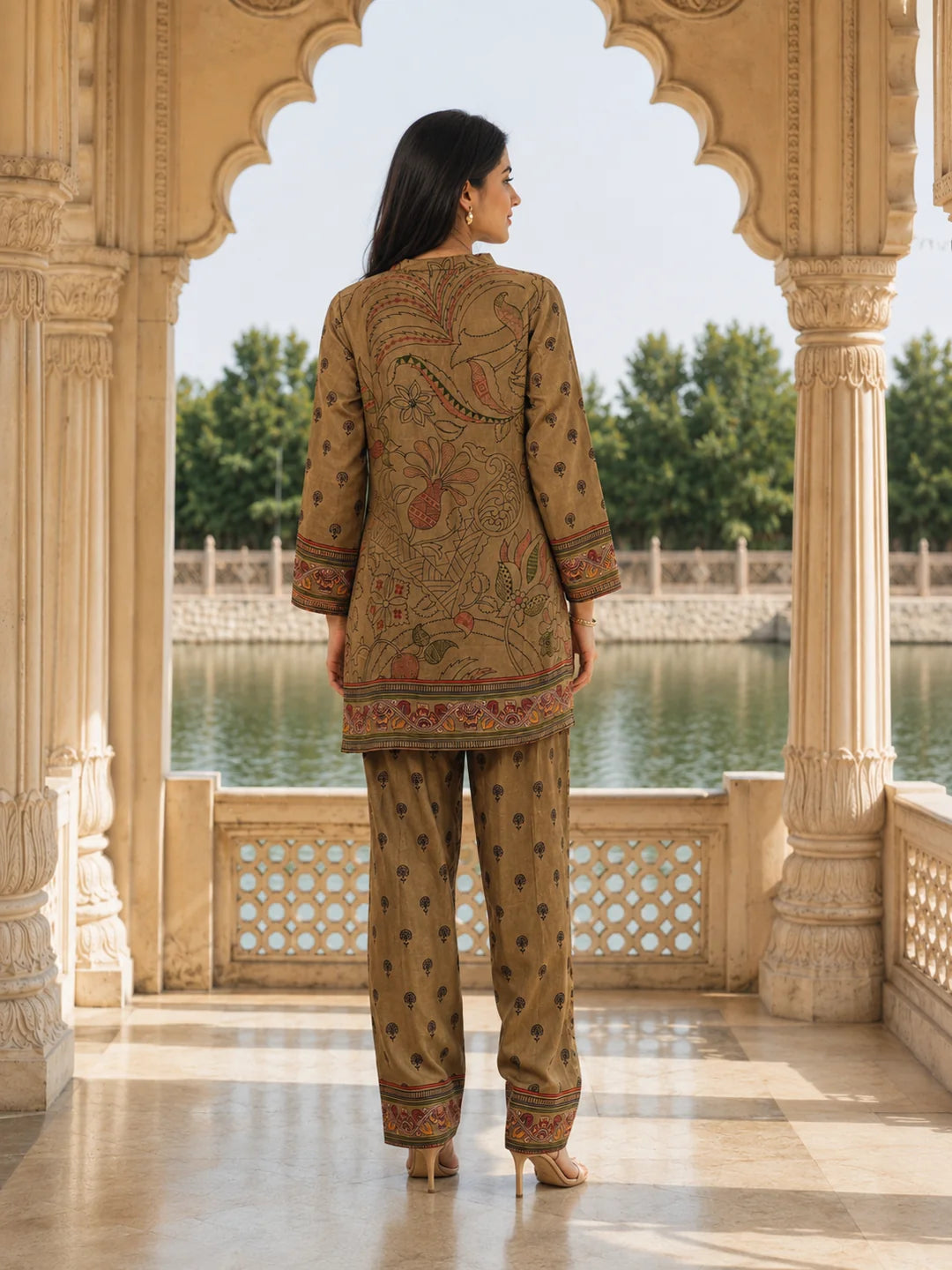 Olive Khaki Embroidered Co-ord Set in Muslin