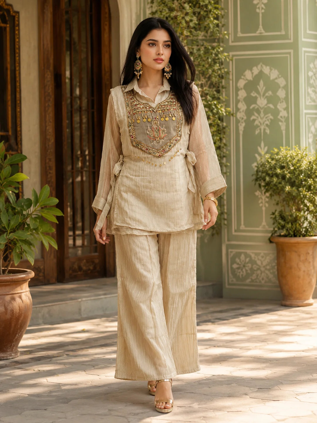 Beige Shimmer 3 Piece Co-ord Set with Embroidered Yoke in Crushed Tissue
