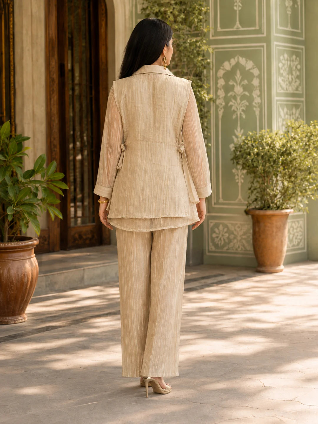 Beige Shimmer 3 Piece Co-ord Set with Embroidered Yoke in Crushed Tissue