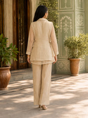 Beige Shimmer 3 Piece Co-ord Set with Embroidered Yoke in Crushed Tissue