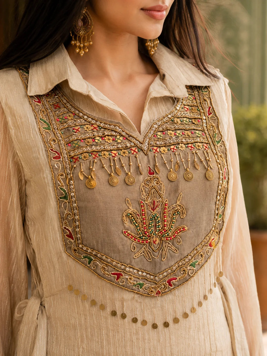 Beige Shimmer 3 Piece Co-ord Set with Embroidered Yoke in Crushed Tissue