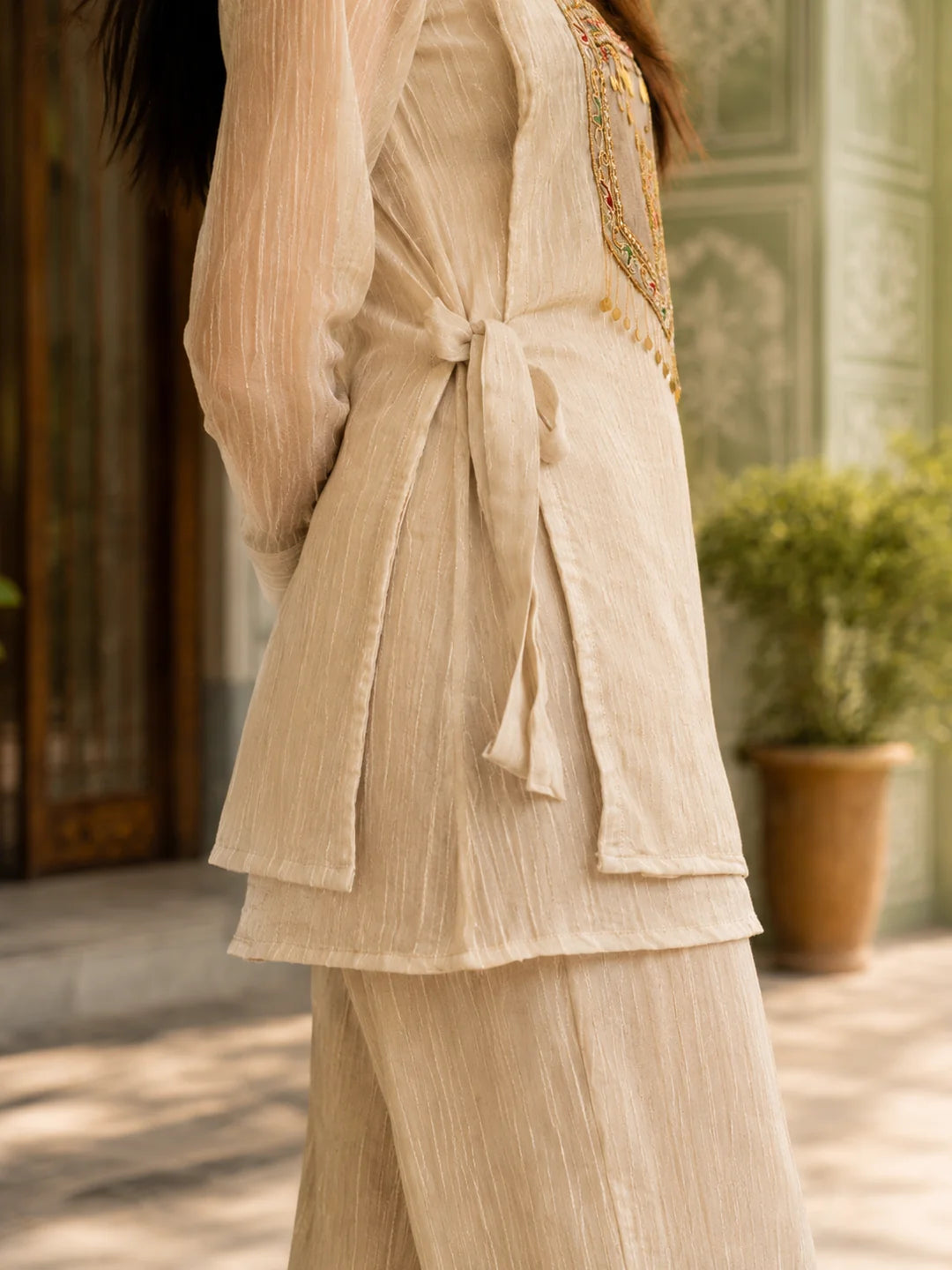 Beige Shimmer 3 Piece Co-ord Set with Embroidered Yoke in Crushed Tissue
