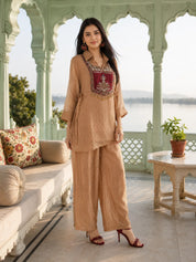 Dusty Rose Shimmer 3 Piece Co-ord Set with Embroidered Yoke in Crushed Tissue