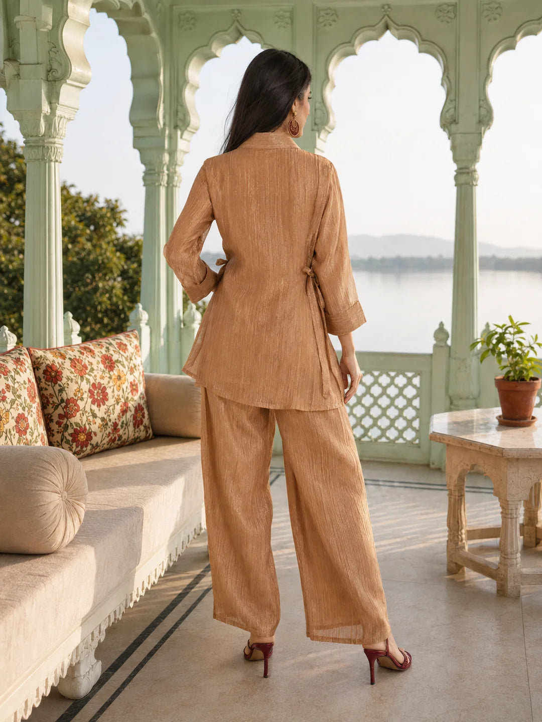 Dusty Rose Shimmer 3 Piece Co-ord Set with Embroidered Yoke in Crushed Tissue