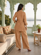 Dusty Rose Shimmer 3 Piece Co-ord Set with Embroidered Yoke in Crushed Tissue