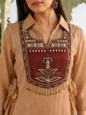 Dusty Rose Shimmer 3 Piece Co-ord Set with Embroidered Yoke in Crushed Tissue