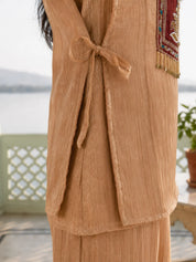 Dusty Rose Shimmer 3 Piece Co-ord Set with Embroidered Yoke in Crushed Tissue