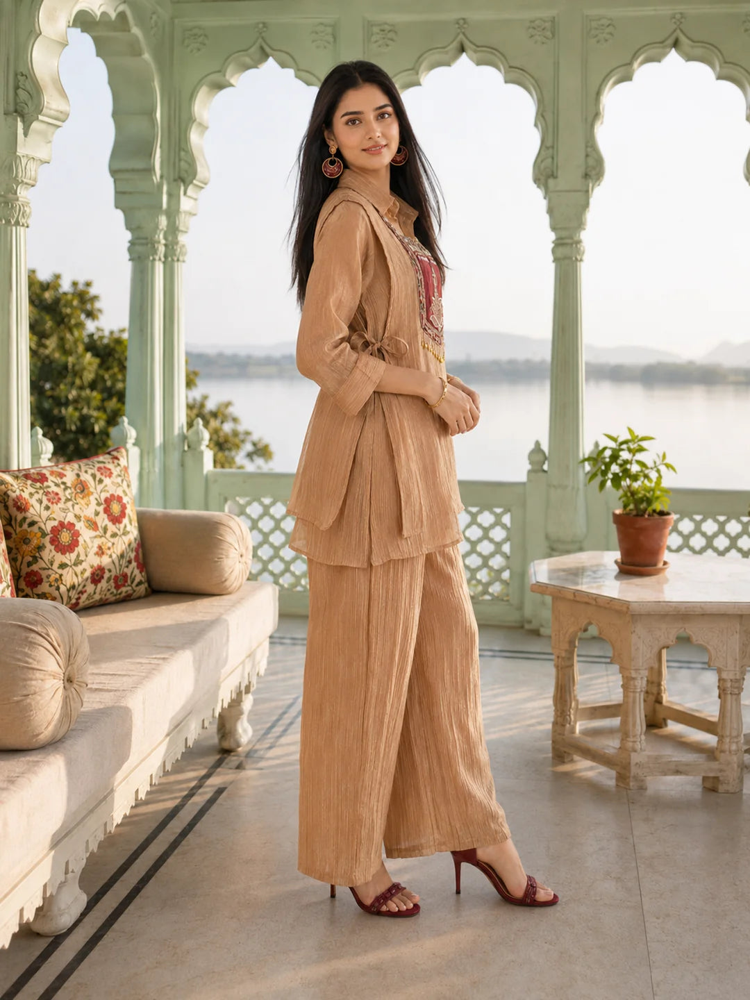 Dusty Rose Shimmer 3 Piece Co-ord Set with Embroidered Yoke in Crushed Tissue