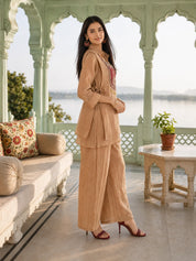 Dusty Rose Shimmer 3 Piece Co-ord Set with Embroidered Yoke in Crushed Tissue
