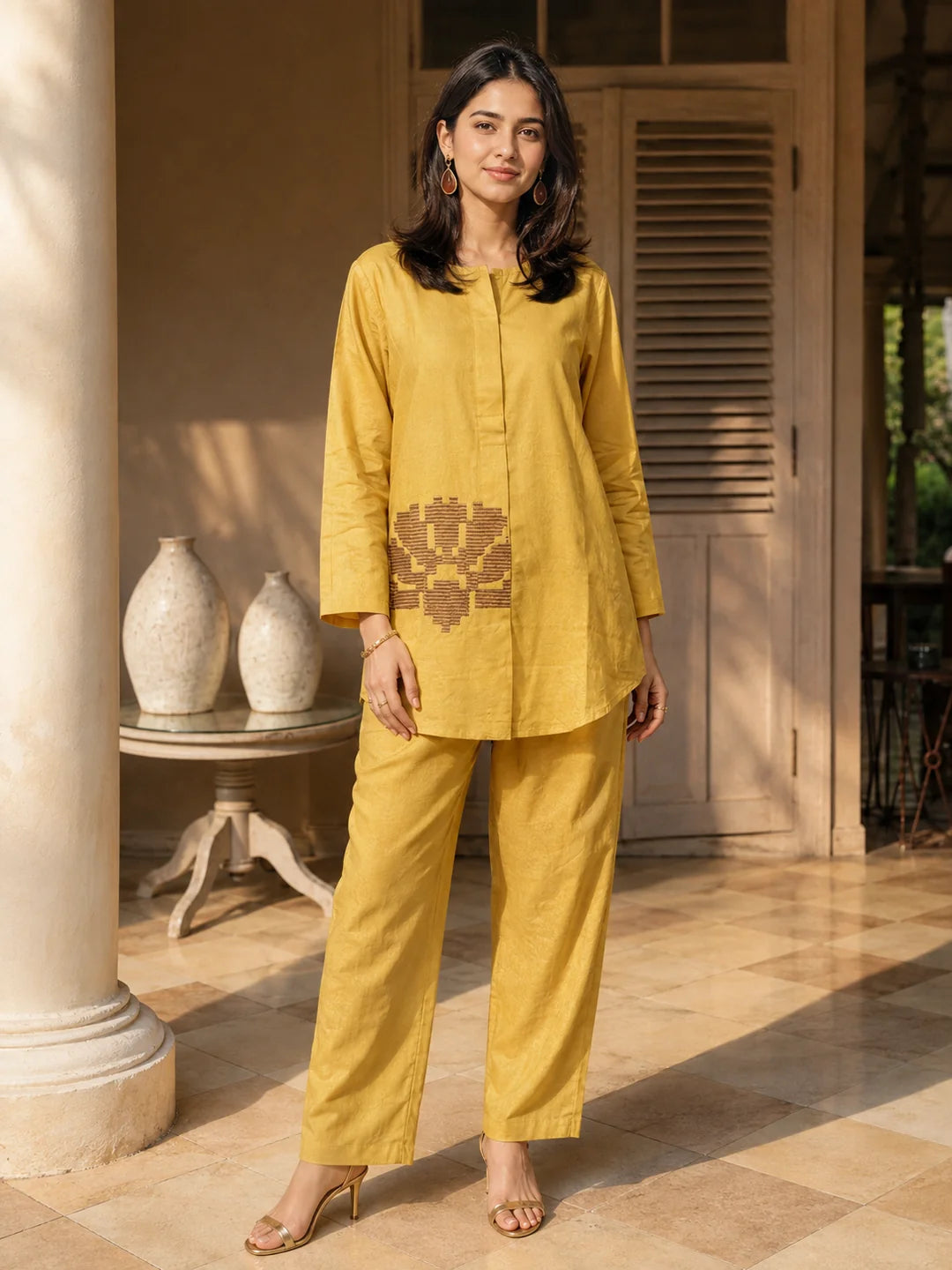 Yellow Co-ord Set with Geometric Embroidery in Cotton Flex