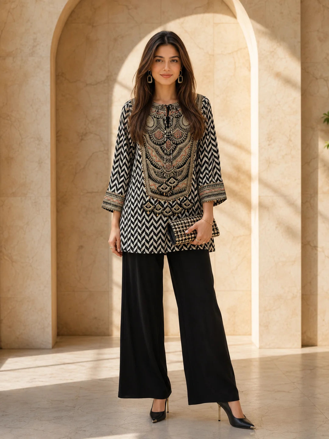 Black & White Embroidered Co-ord Set in Muslin
