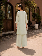 Pistachio Green Kurta Set with Floral Embroidery in Mul Chanderi