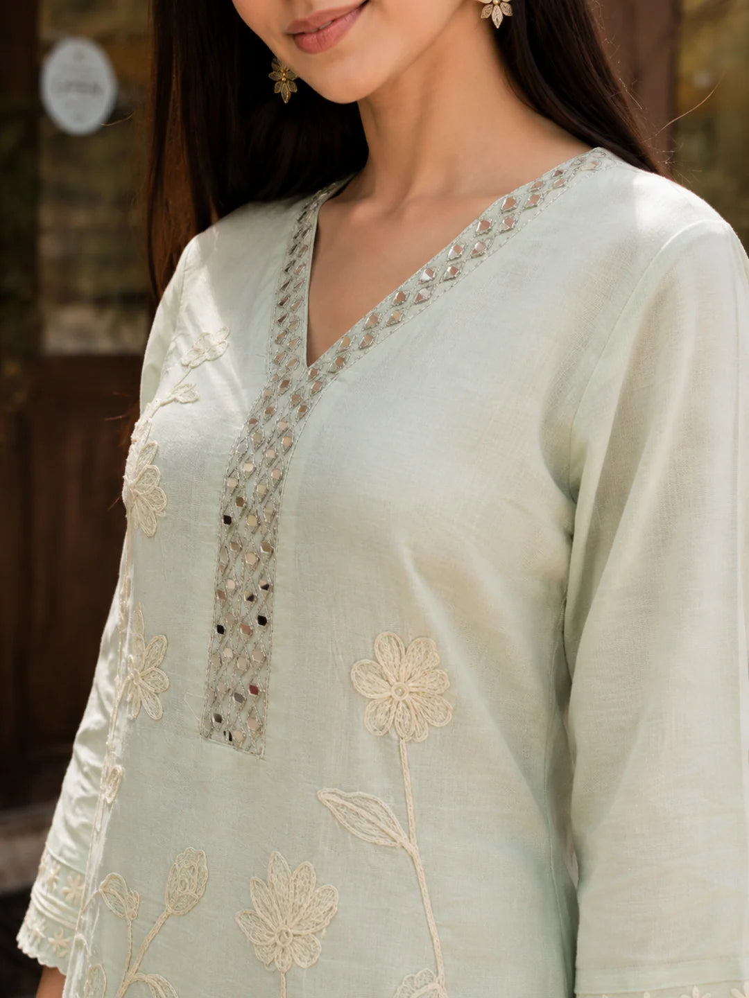 Pistachio Green Kurta Set with Floral Embroidery in Mul Chanderi