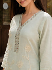 Pistachio Green Kurta Set with Floral Embroidery in Mul Chanderi