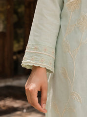 Pistachio Green Kurta Set with Floral Embroidery in Mul Chanderi