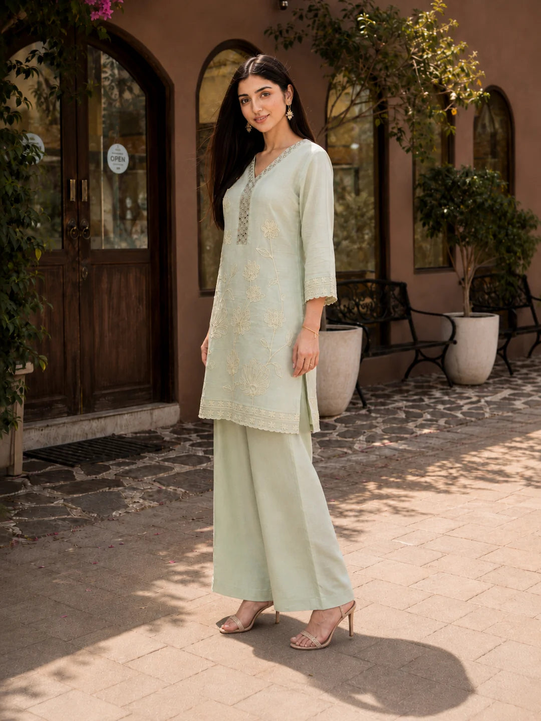 Pistachio Green Kurta Set with Floral Embroidery in Mul Chanderi