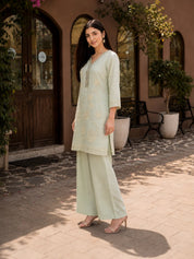 Pistachio Green Kurta Set with Floral Embroidery in Mul Chanderi