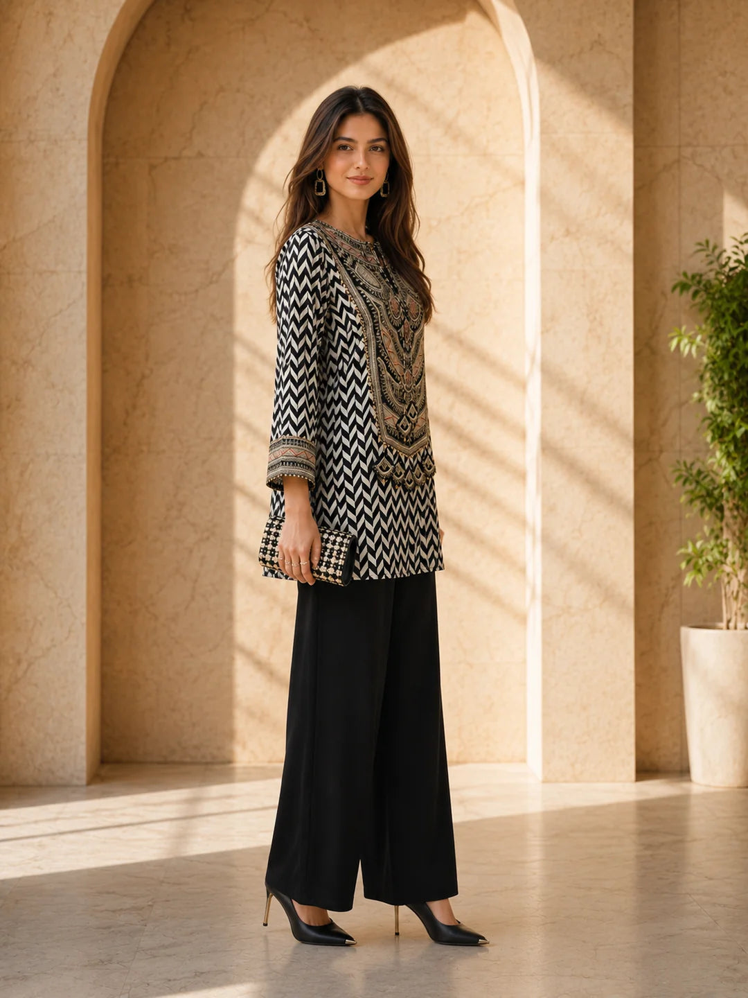 Black & White Embroidered Co-ord Set in Muslin