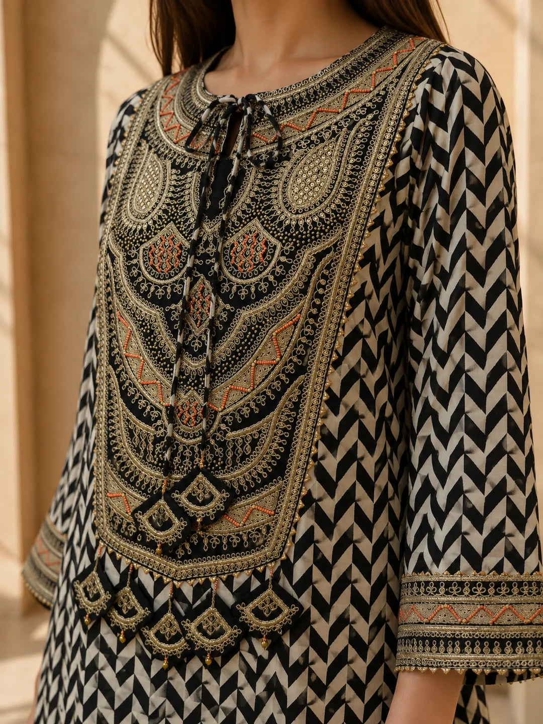 Black & White Embroidered Co-ord Set in Muslin