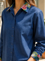 Denim Blue Shirt with Multicolour Floral Embroidery in Cotton Denim