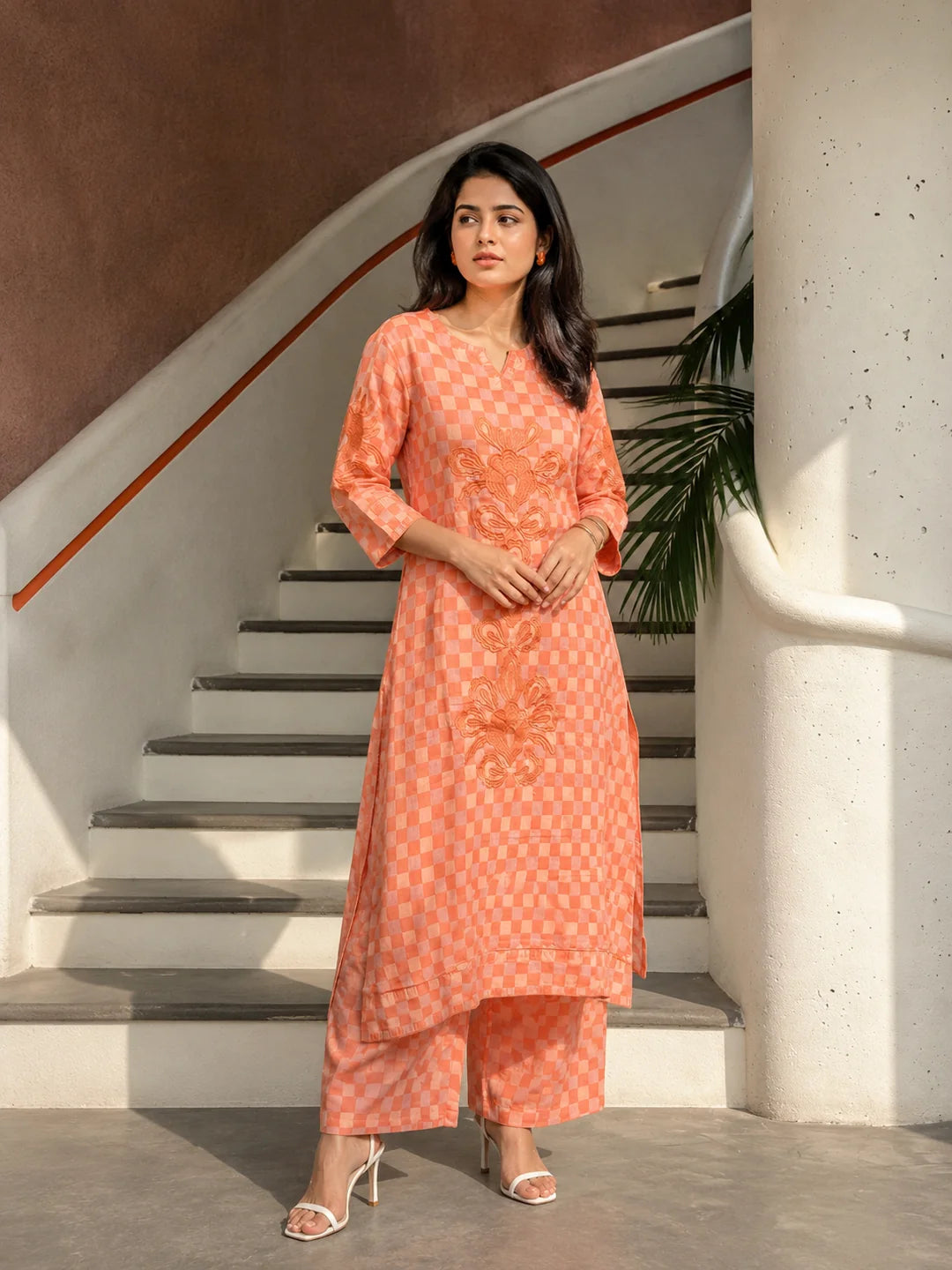 Orange 2-Piece Kurta Set with Floral Embroidery in Cotton Flex