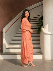 Orange 2-Piece Kurta Set with Floral Embroidery in Cotton Flex