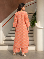 Orange 2-Piece Kurta Set with Floral Embroidery in Cotton Flex