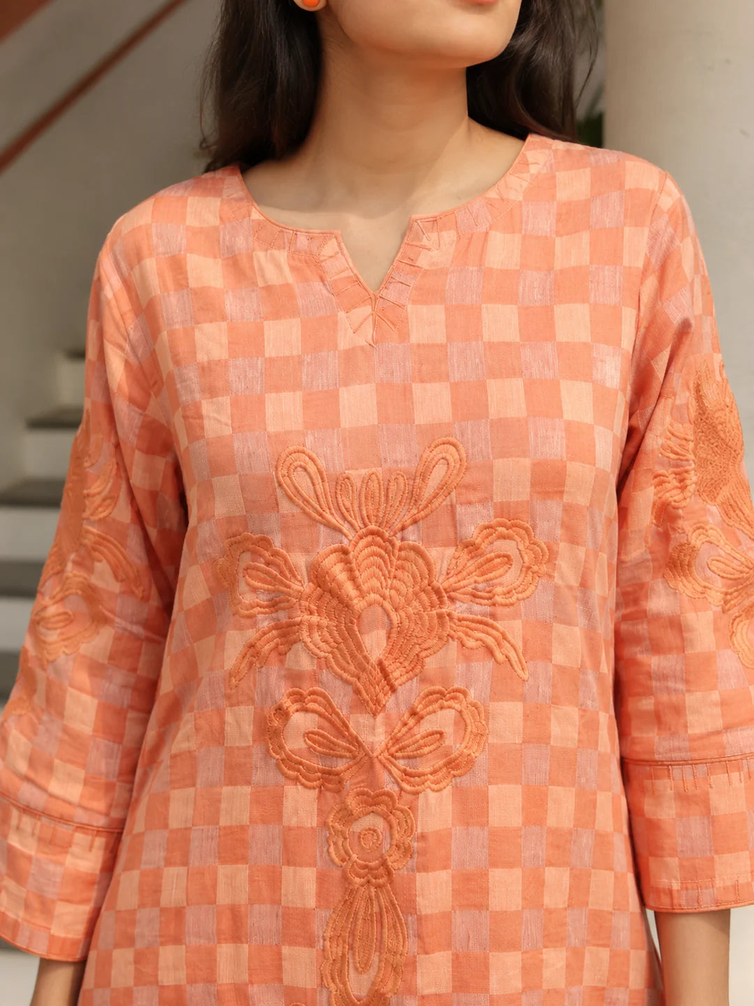 Orange 2-Piece Kurta Set with Floral Embroidery in Cotton Flex