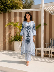 White & Blue 2-Piece Kurta Set with Floral Embroidery in Cotton Flex