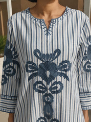White & Blue 2-Piece Kurta Set with Floral Embroidery in Cotton Flex