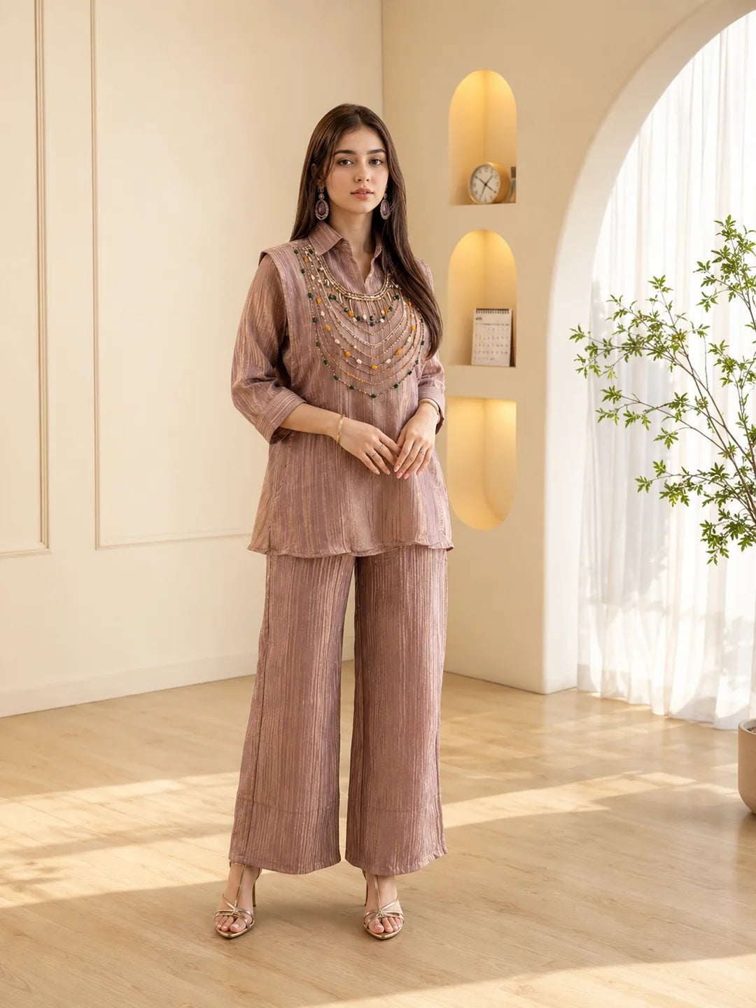 Dusty Mauve 3 Piece Co-ord Set with Necklace Style Beaded Embroidery in Crushed Tissue