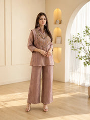 Dusty Mauve 3 Piece Co-ord Set with Necklace Style Beaded Embroidery in Crushed Tissue