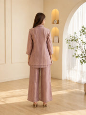 Dusty Mauve 3 Piece Co-ord Set with Necklace Style Beaded Embroidery in Crushed Tissue