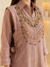 Dusty Mauve 3 Piece Co-ord Set with Necklace Style Beaded Embroidery in Crushed Tissue