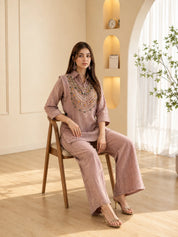 Dusty Mauve 3 Piece Co-ord Set with Necklace Style Beaded Embroidery in Crushed Tissue