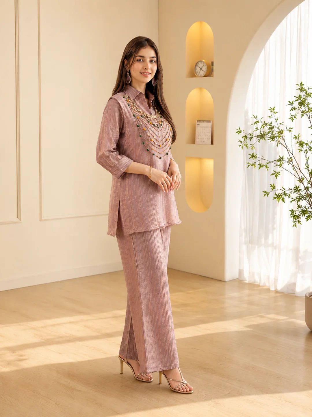 Dusty Mauve 3 Piece Co-ord Set with Necklace Style Beaded Embroidery in Crushed Tissue