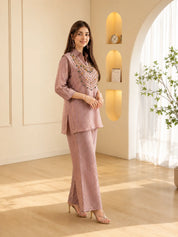 Dusty Mauve 3 Piece Co-ord Set with Necklace Style Beaded Embroidery in Crushed Tissue