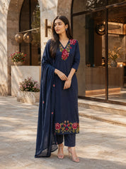 Navy Blue 3-Piece Kurta Set with Floral Cross-Stitch Embroidery in Cotton