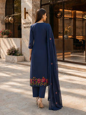 Navy Blue 3-Piece Kurta Set with Floral Cross-Stitch Embroidery in Cotton
