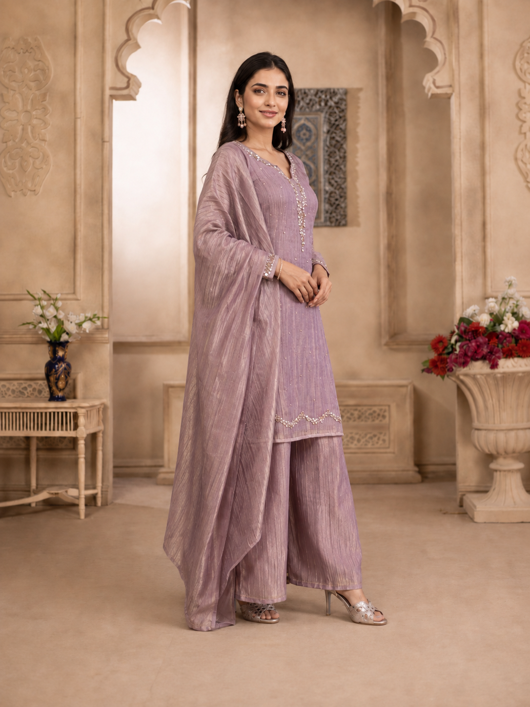 Dusty Mauve Shimmer 3-Piece Kurta Set with Sequin Detailing in Crushed Tissue