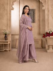 Dusty Mauve Shimmer 3-Piece Kurta Set with Sequin Detailing in Crushed Tissue