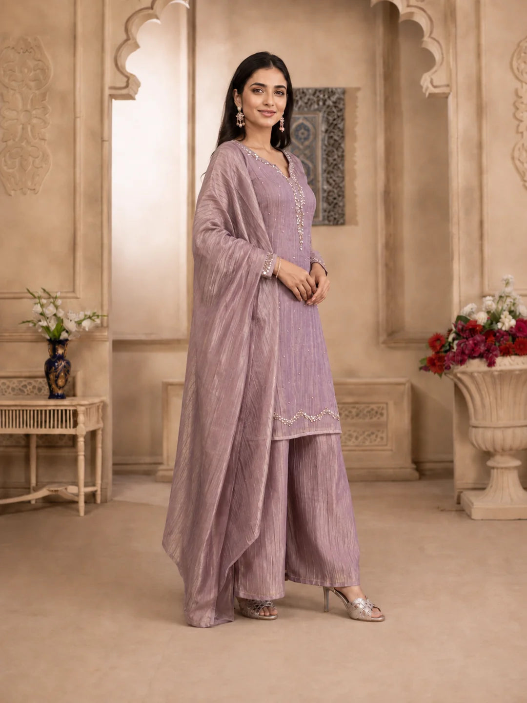 Dusty Mauve Shimmer 3-Piece Kurta Set with Sequin Detailing in Crushed Tissue